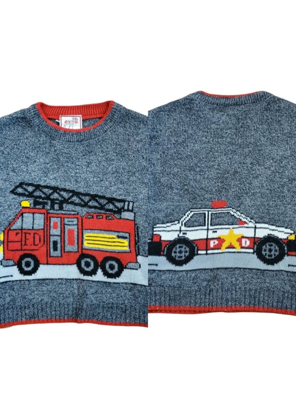 Vintage 90s Boys Chunky Graphic Sweater Firetruck Police Car Crewneck Gray 3T